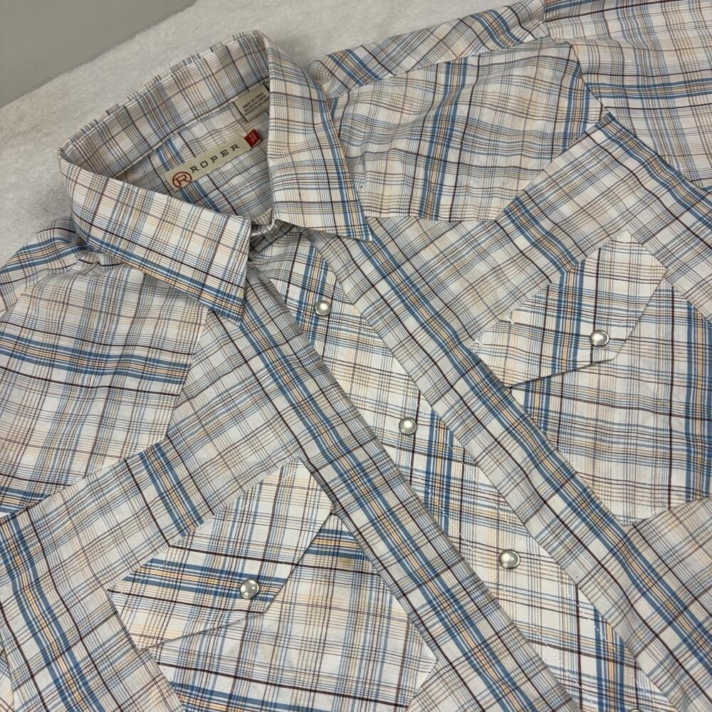 Roper Button Up Shirt Men XLT White Blue Plaid Long Sleeve Snap Pockets